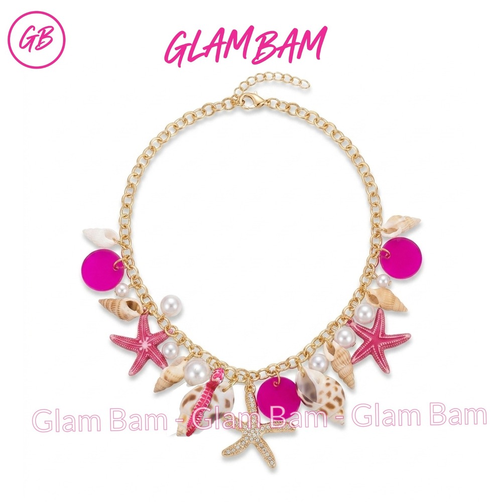 Boho Beach Seashell Starfish Seahorse Choker Necklace Faux Pearl Pink Gold